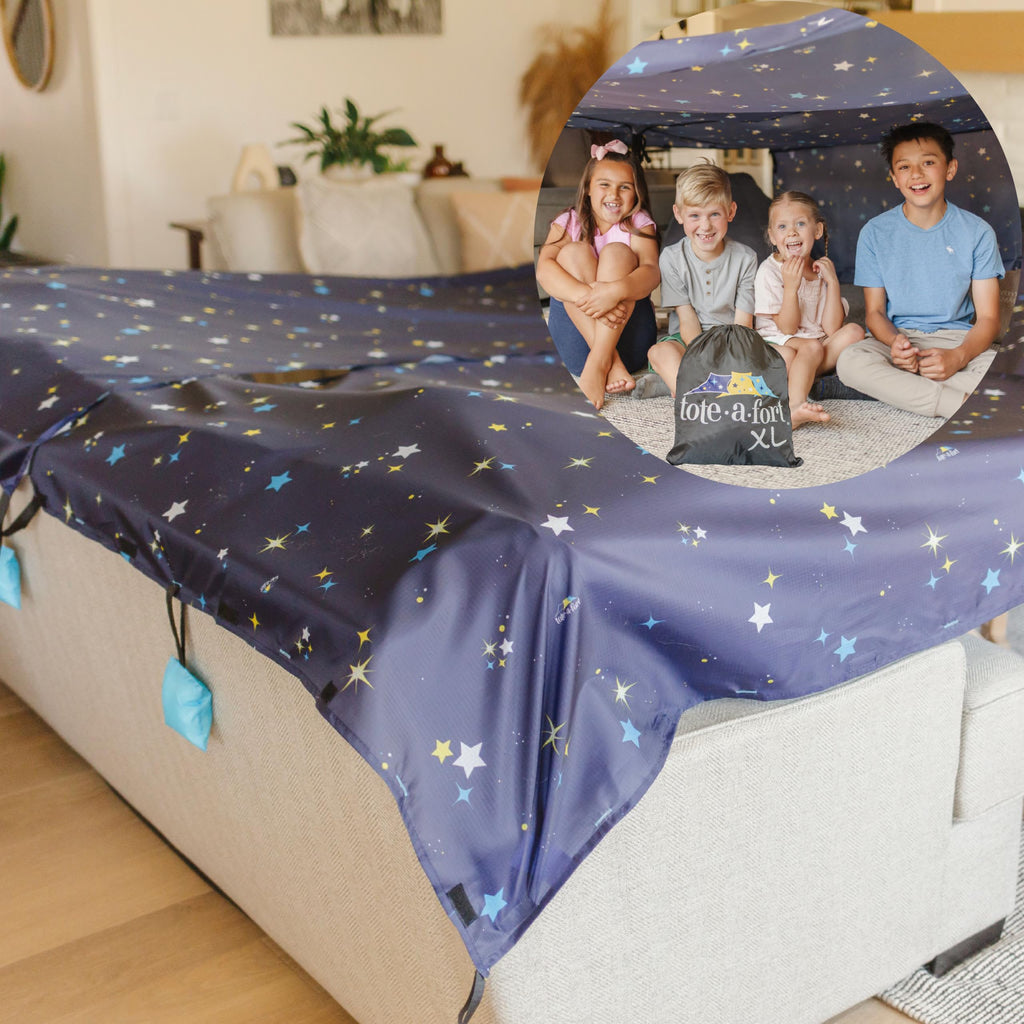 TOTE•A•FORT Blanket Fort Building Kit for Kids, 4 Blanket TOTEAFORT Toy, Make a Portable Playhouse, Play Tent Indoor Outdoor Build Set, STEM Children Toy, Ages 4, 8, 12 +, Starry XL