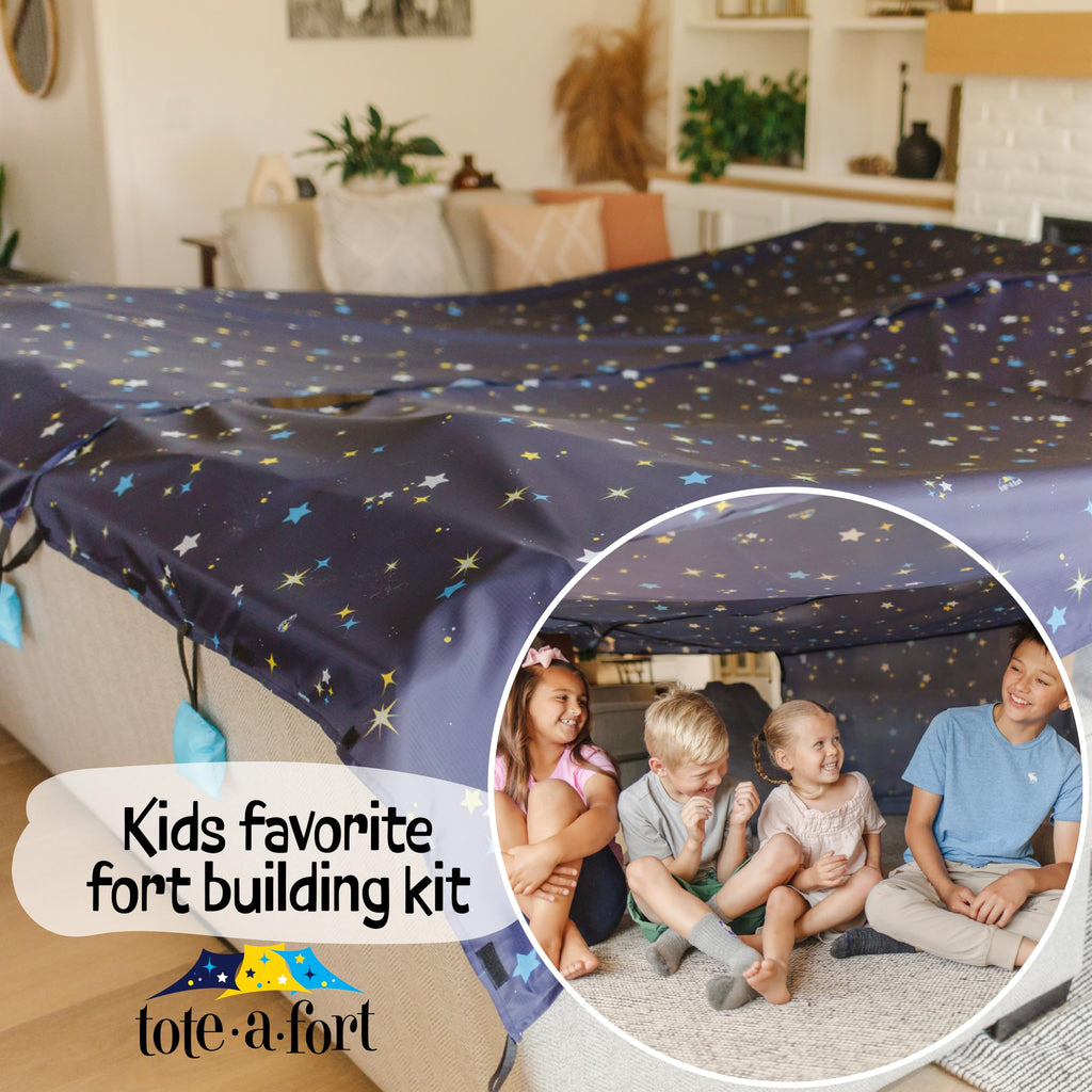TOTE•A•FORT Blanket Fort Building Kit for Kids, 4 Blanket TOTEAFORT Toy, Make a Portable Playhouse, Play Tent Indoor Outdoor Build Set, STEM Children Toy, Ages 4, 8, 12 +, Starry XL