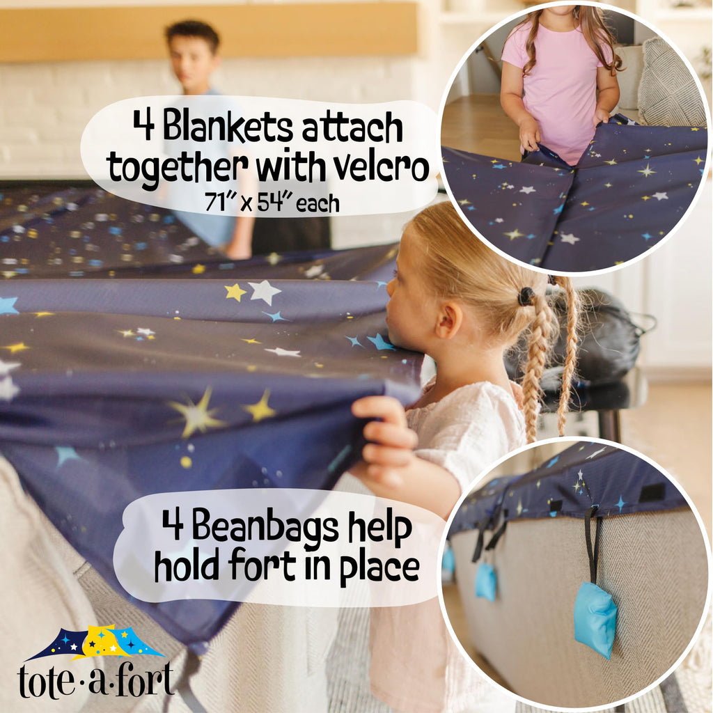 TOTE•A•FORT Blanket Fort Building Kit for Kids, 4 Blanket TOTEAFORT Toy, Make a Portable Playhouse, Play Tent Indoor Outdoor Build Set, STEM Children Toy, Ages 4, 8, 12 +, Starry XL